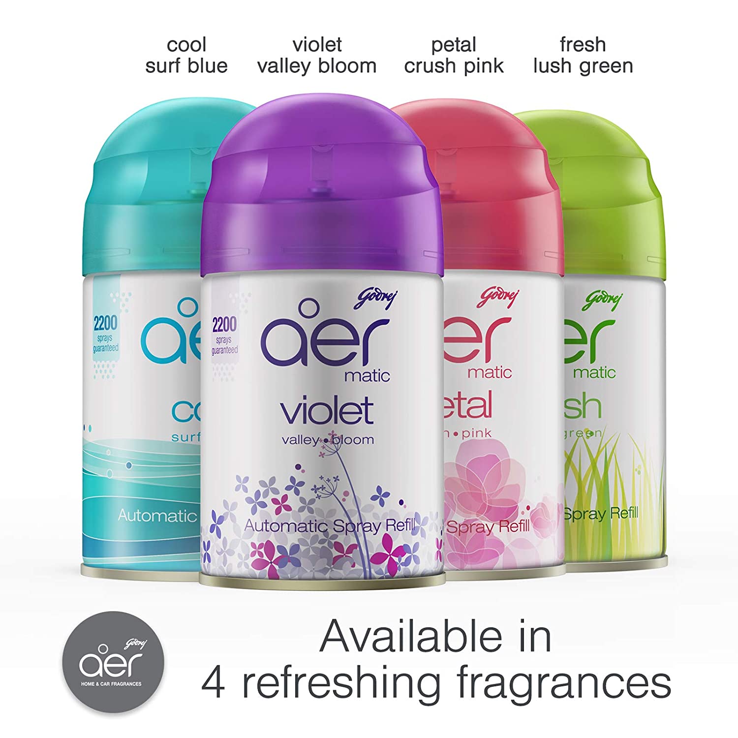Godrej aer matic, Automatic Air Freshener Refill - 225ml / Violet Valley Bloom, Lush Green, Surf Blue, Petal pink